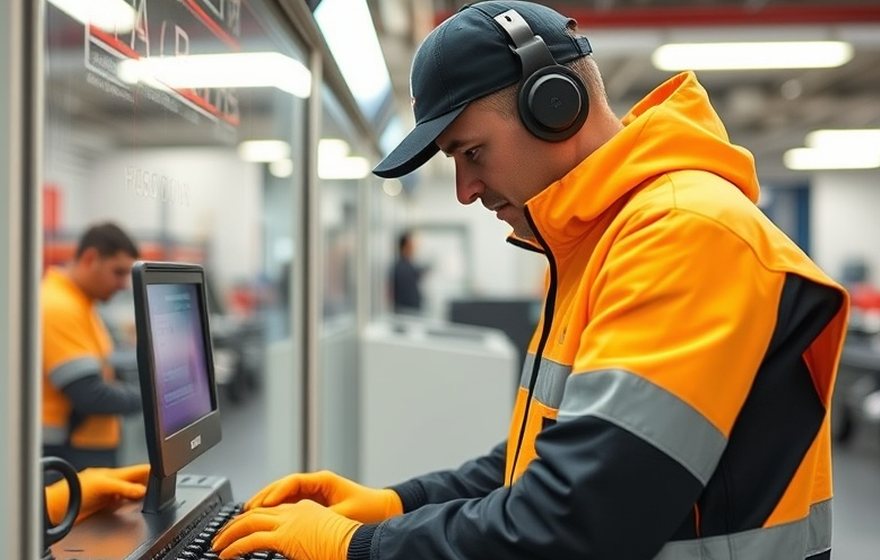 Técnico realizando el mantenimiento de un terminal de autoservicio