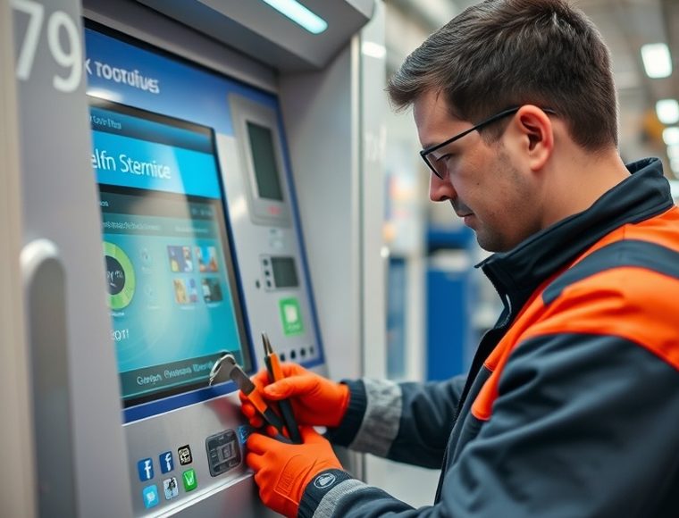 Equipo técnico trabajando sobre un terminal de autoservicio