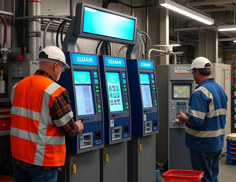 Técnico realizando el mantenimiento de un terminal de autoservicio
